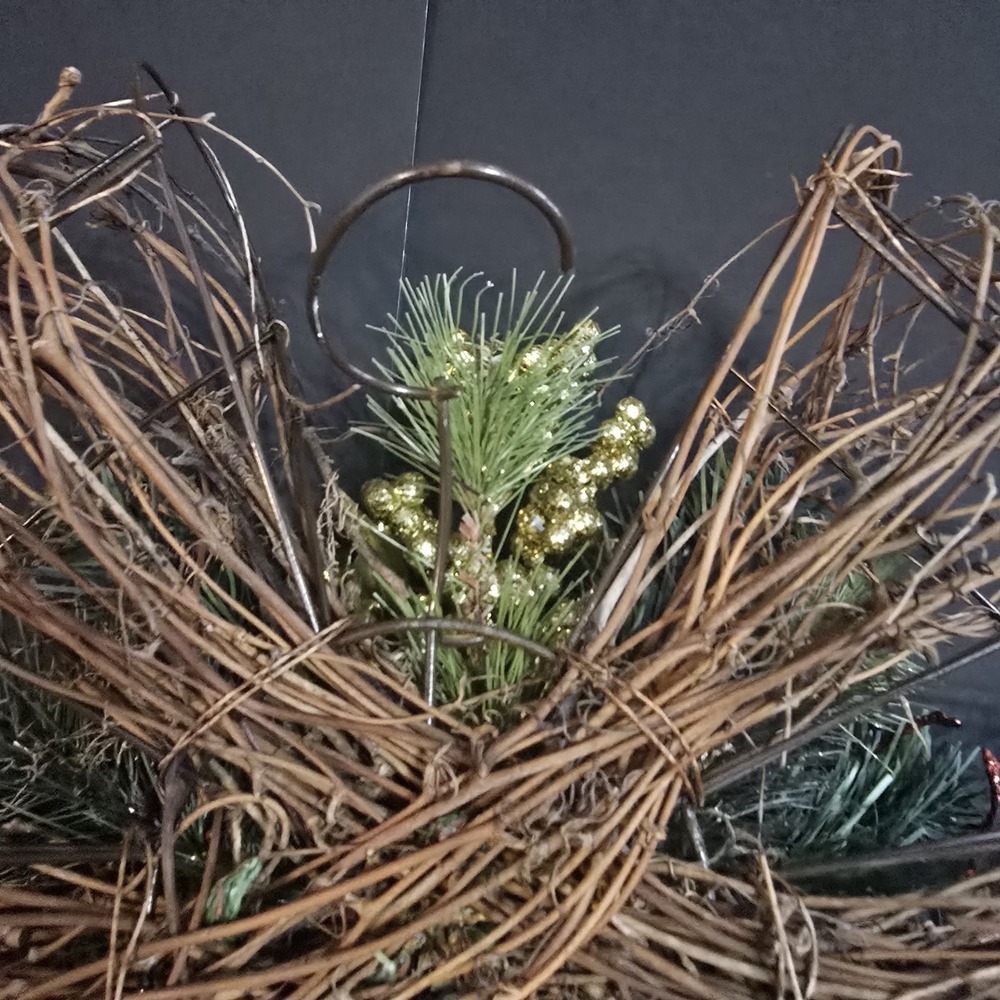 Rustic Twig Christmas Bow Ornament Holiday Decor Red Glitter Orbs Pine Branches - Picture 4 of 6